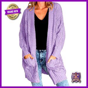 Plus Size Cable Knit Cardigan Sweater Long Sleeve Open Front with Pockets